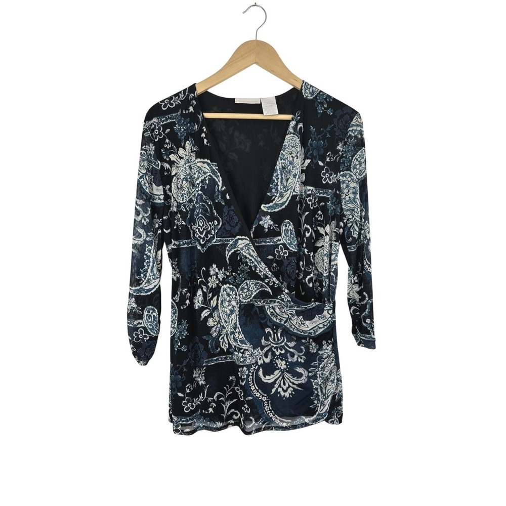 Worthington Faux Wrap Mesh Dark Floral Top Womens XL Grunge Y2K Fairy Boho Goth